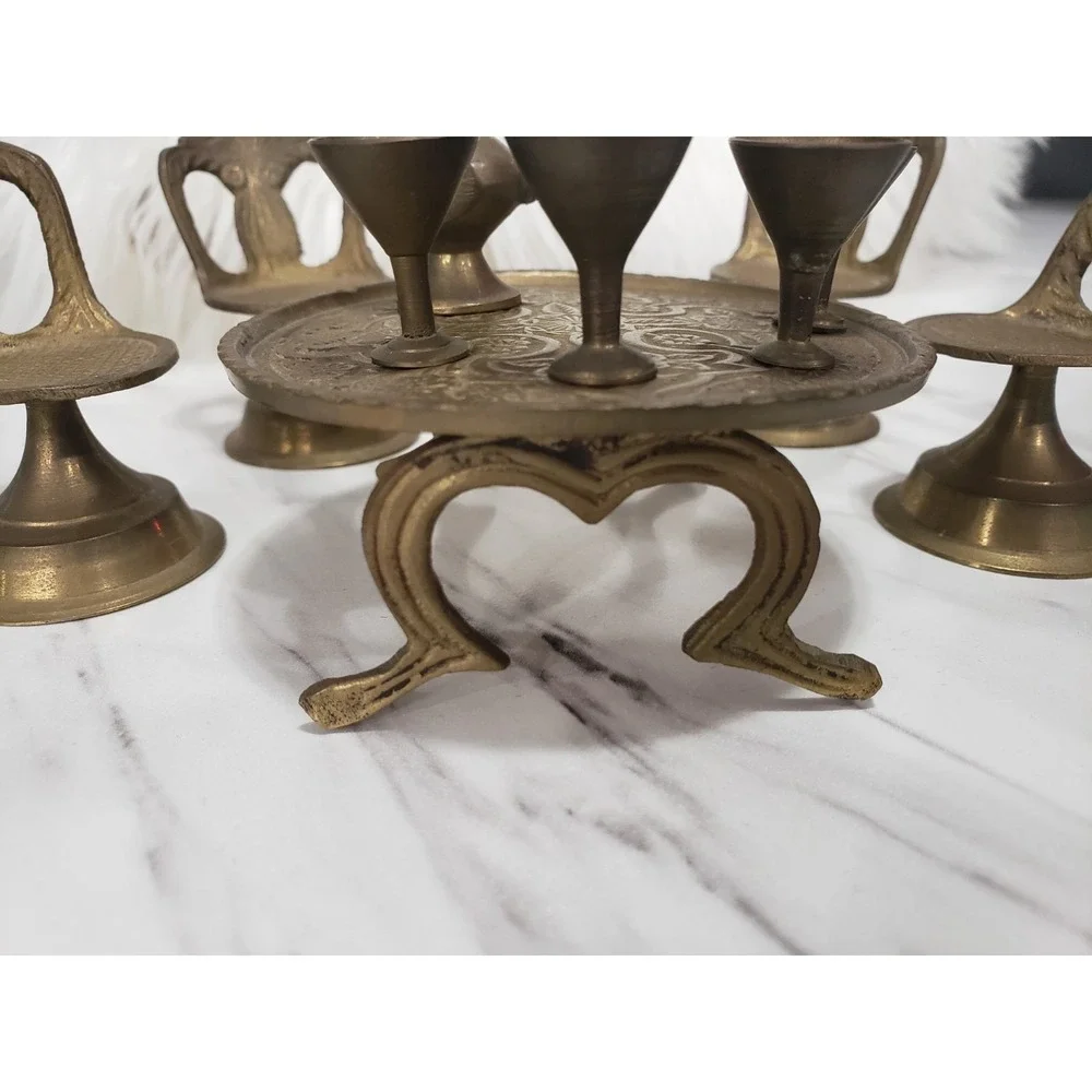 Vintage Brass‎ Dollhouse Table & Chairs And Tea Set Mini 10 piece